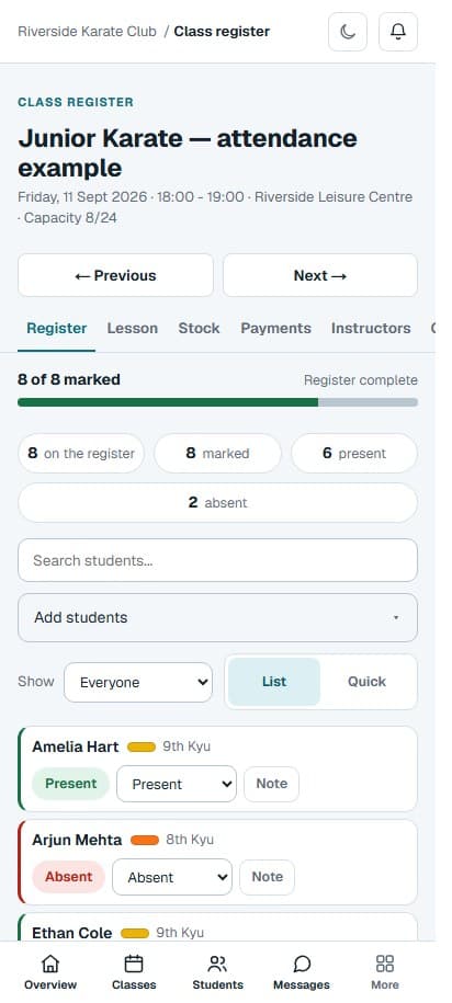 The mobile class register with students' attendance controls