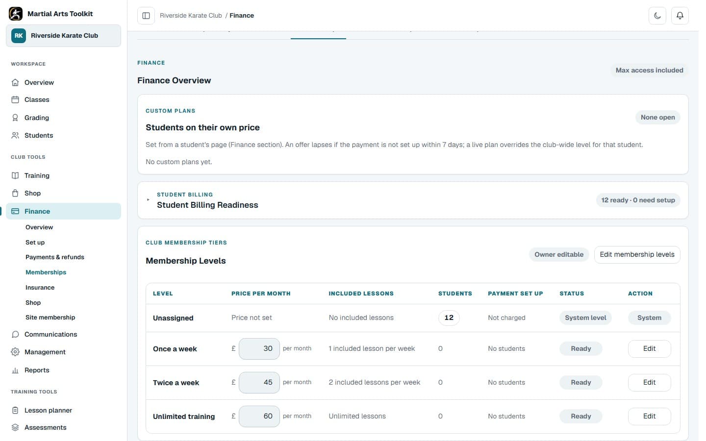 The membership and finance workspace in a local Martial Arts Toolkit example club