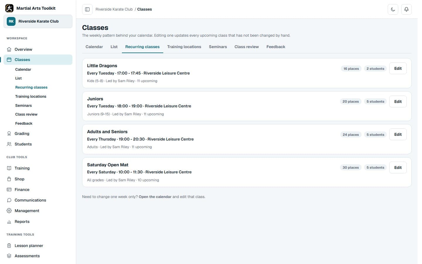 Recurring classes for Riverside Karate Club in the Martial Arts Toolkit class-management workspace