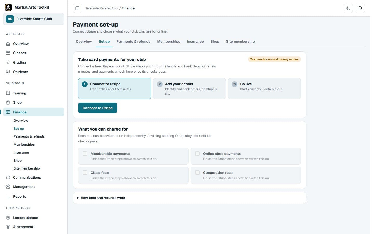 The club's Stripe connection and online payment setup screen in test mode