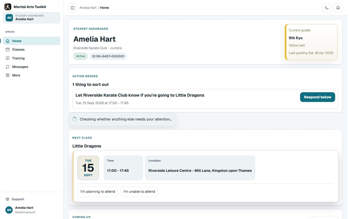 A linked student's dashboard in Martial Arts Toolkit showing the student-facing training and progress experience