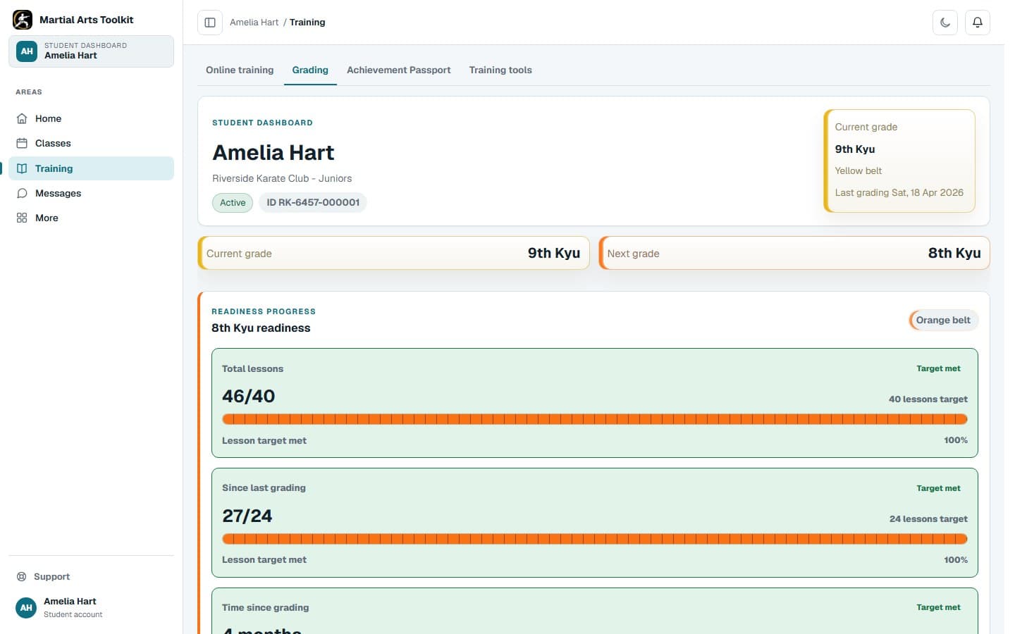 A linked student's grading view showing the next grade and progress against lesson requirements
