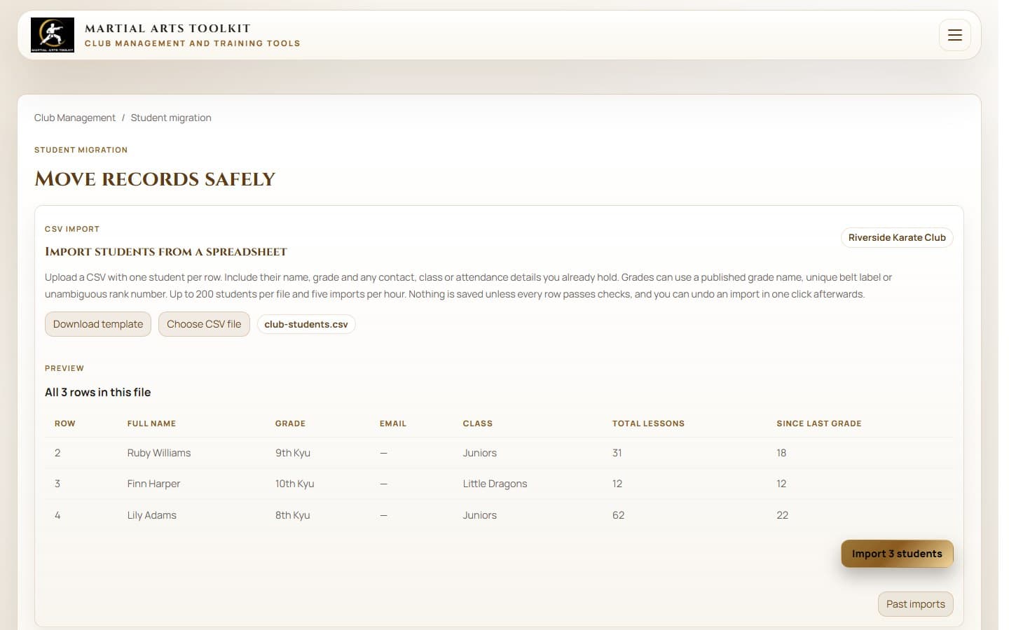 The student migration and import workspace in Martial Arts Toolkit on the local test server