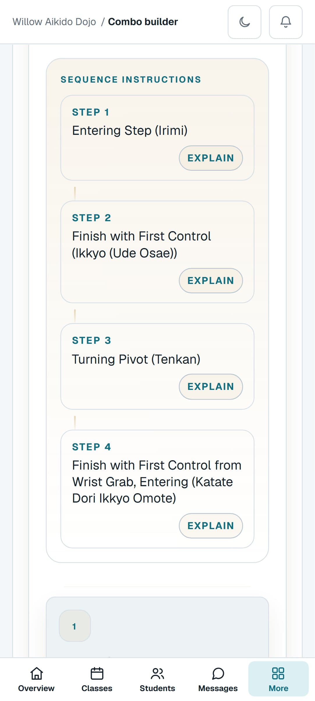 A Aikido combination from the Combo Builder on a phone, step by step