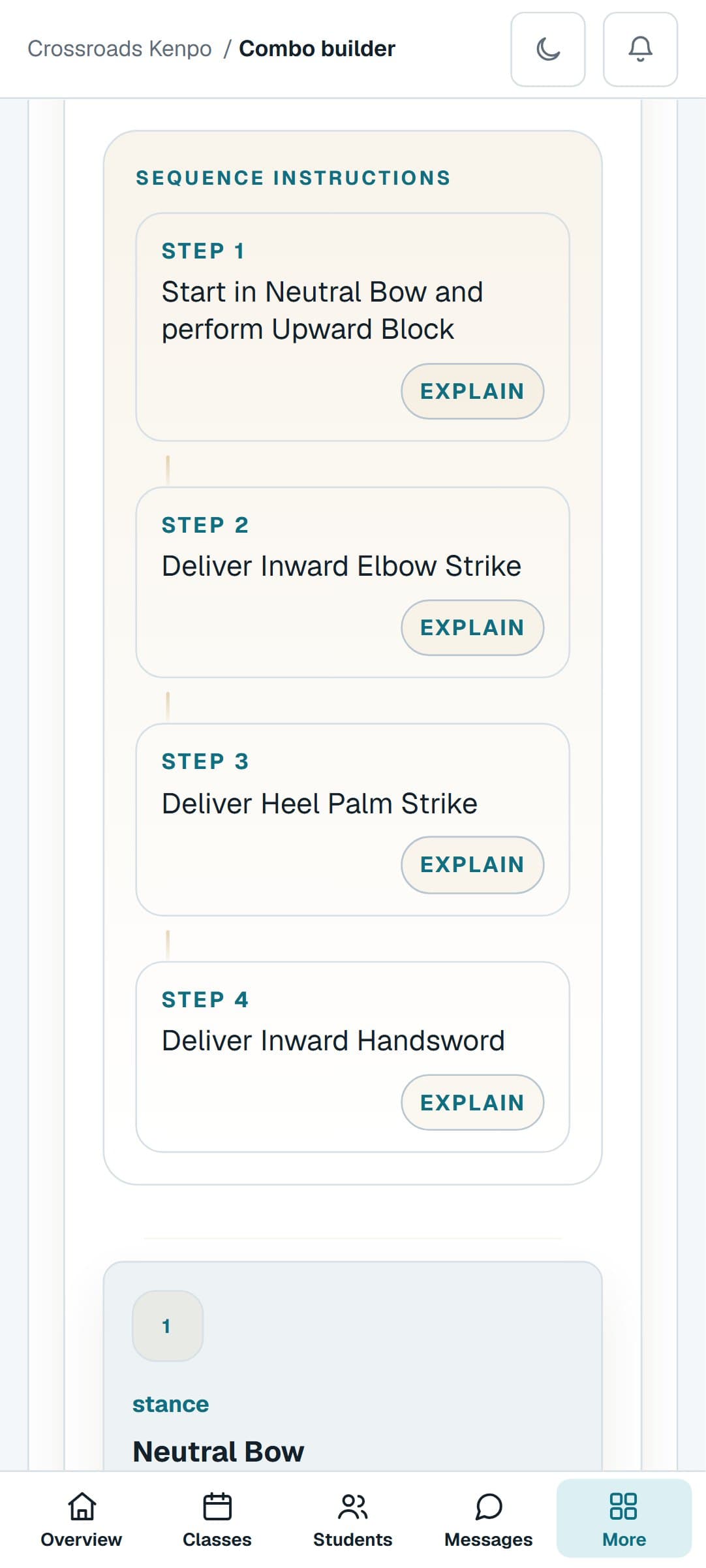 A American Kenpo combination from the Combo Builder on a phone, step by step
