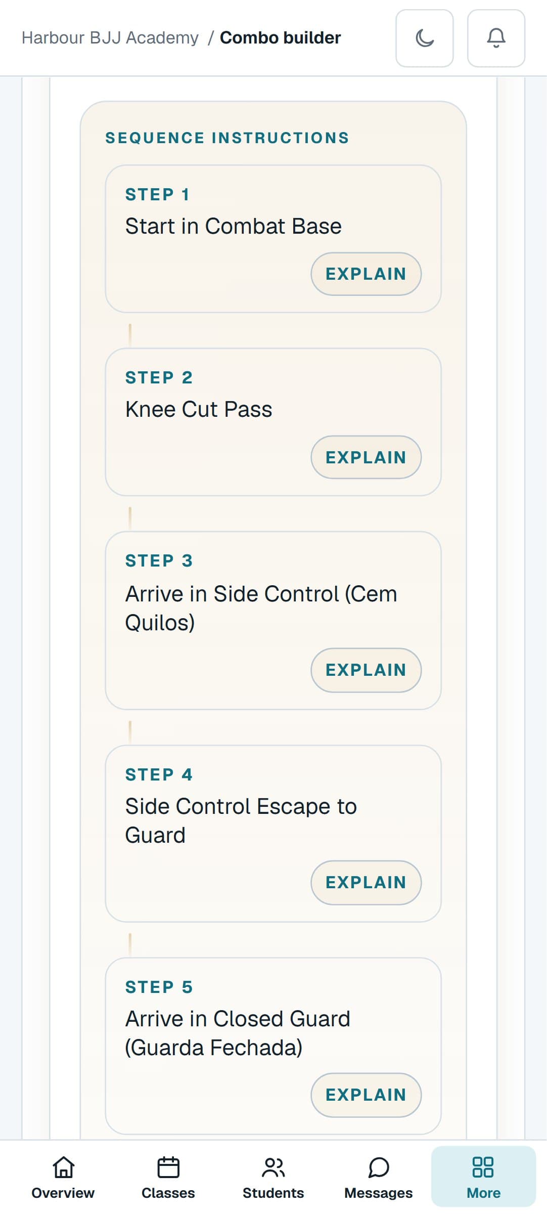 A Brazilian Jiu-Jitsu combination from the Combo Builder on a phone, step by step