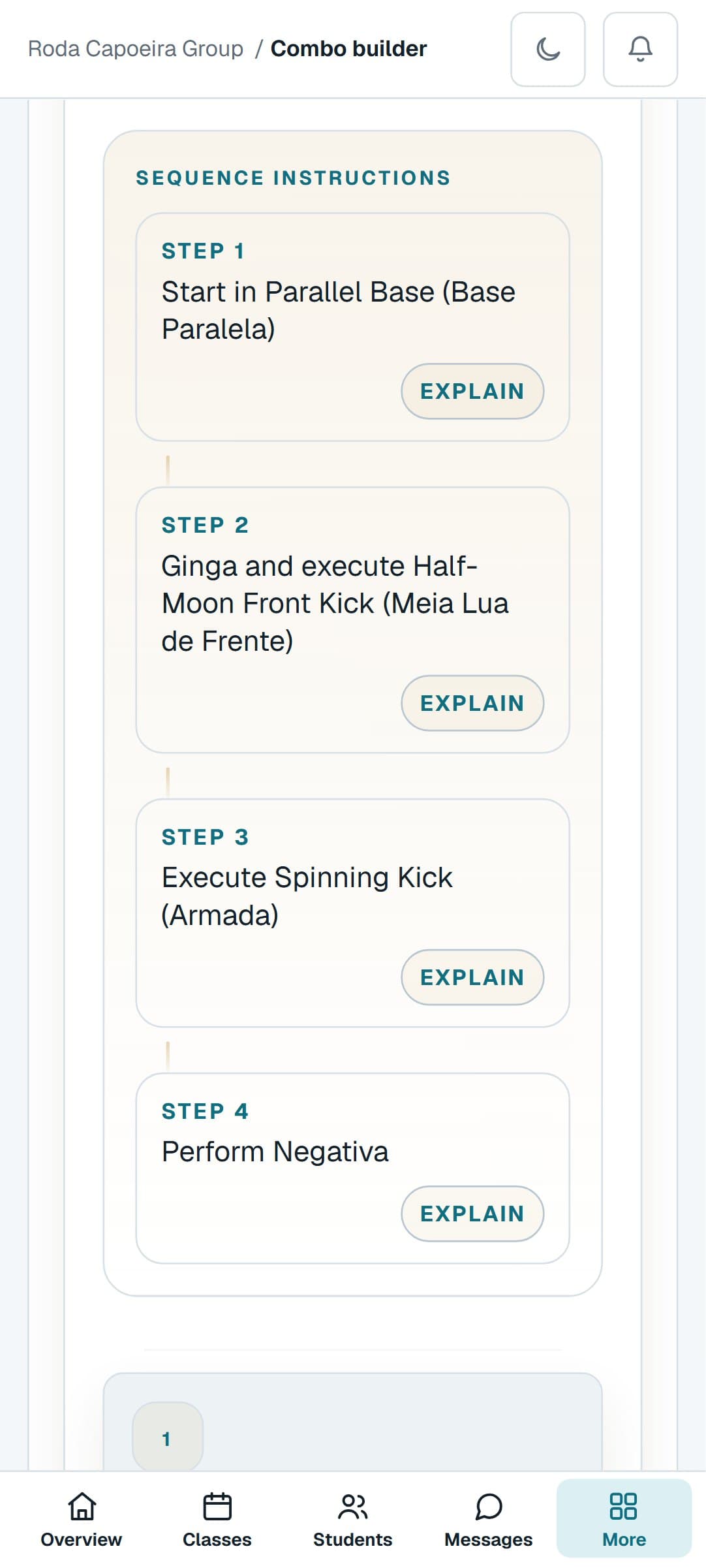 A Capoeira combination from the Combo Builder on a phone, step by step
