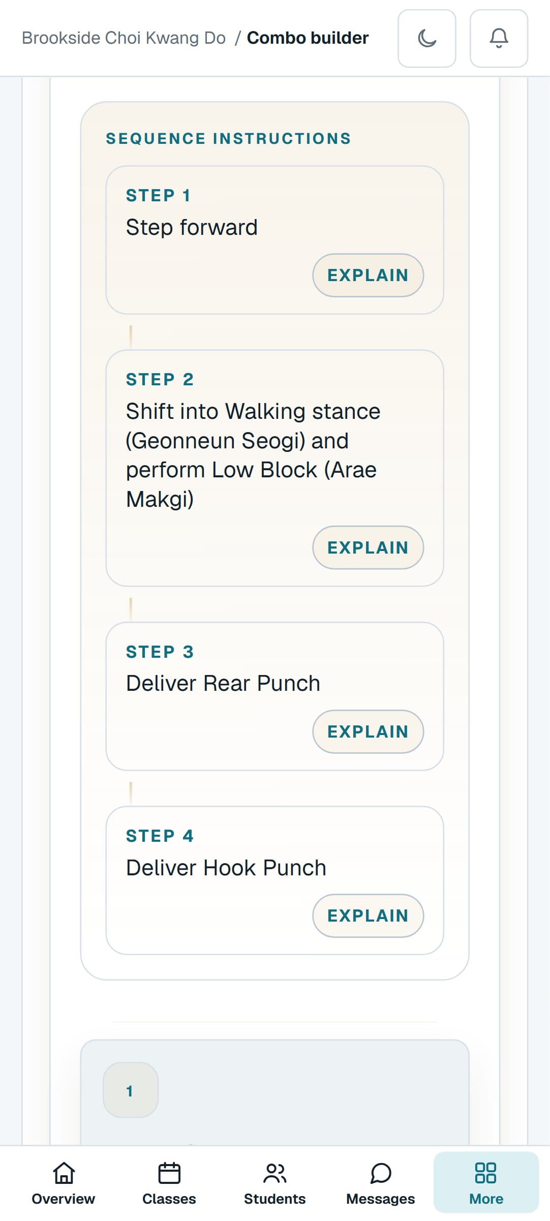 A Choi Kwang Do combination from the Combo Builder on a phone, step by step