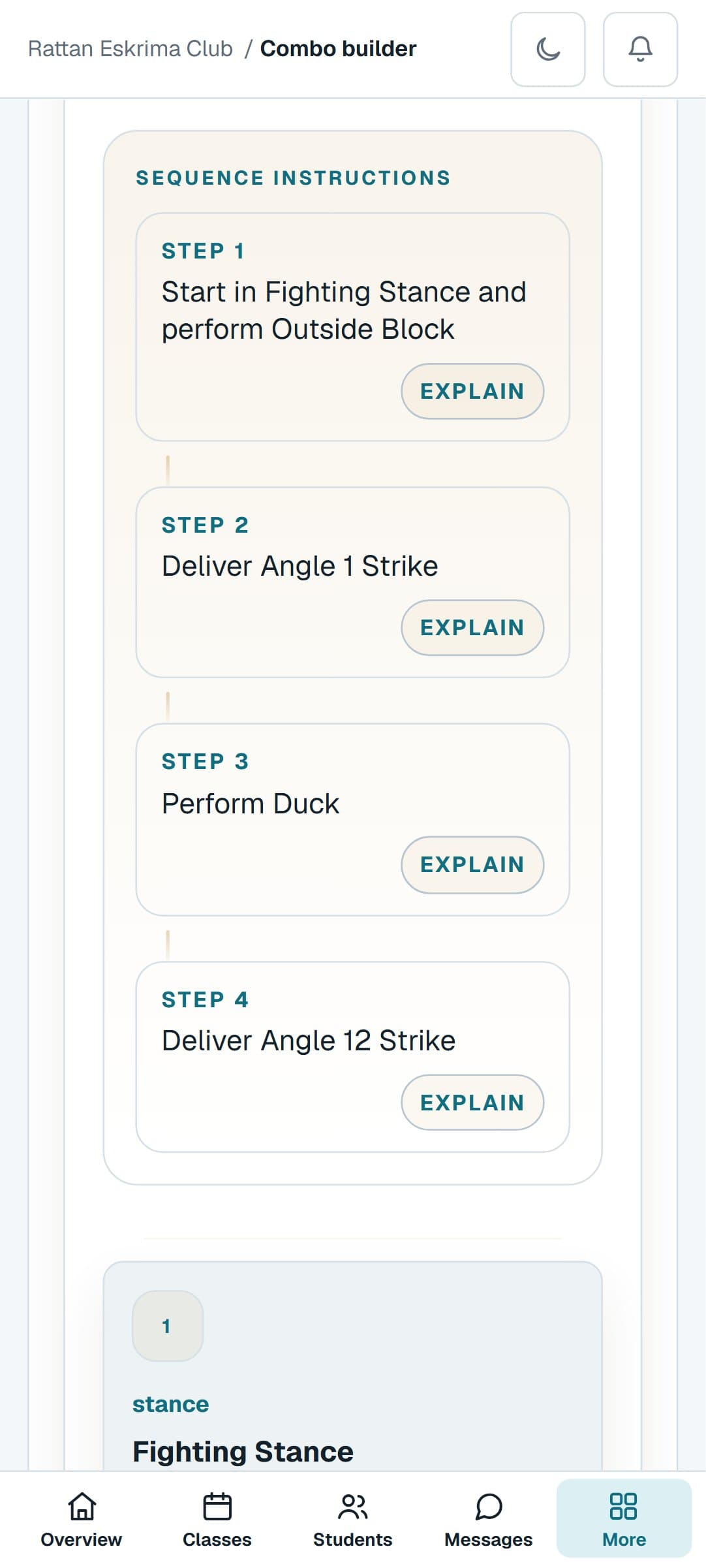 A Eskrima (Arnis/Kali) combination from the Combo Builder on a phone, step by step