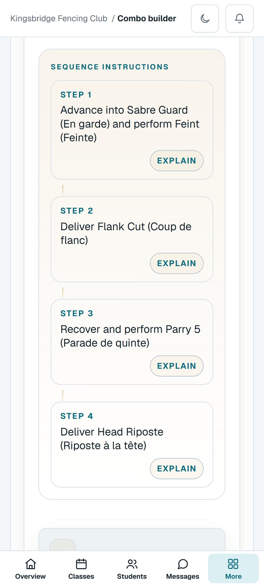 A Fencing combination from the Combo Builder on a phone, step by step