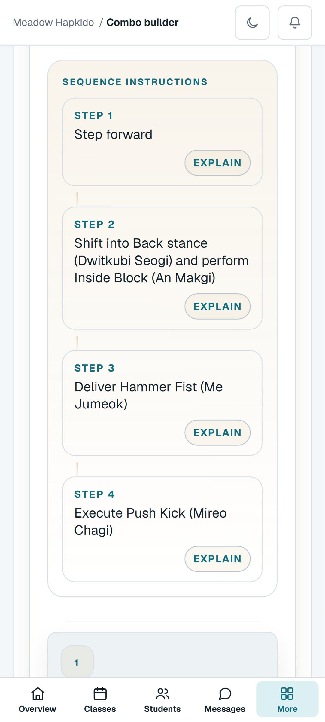 A Hapkido combination from the Combo Builder on a phone, step by step