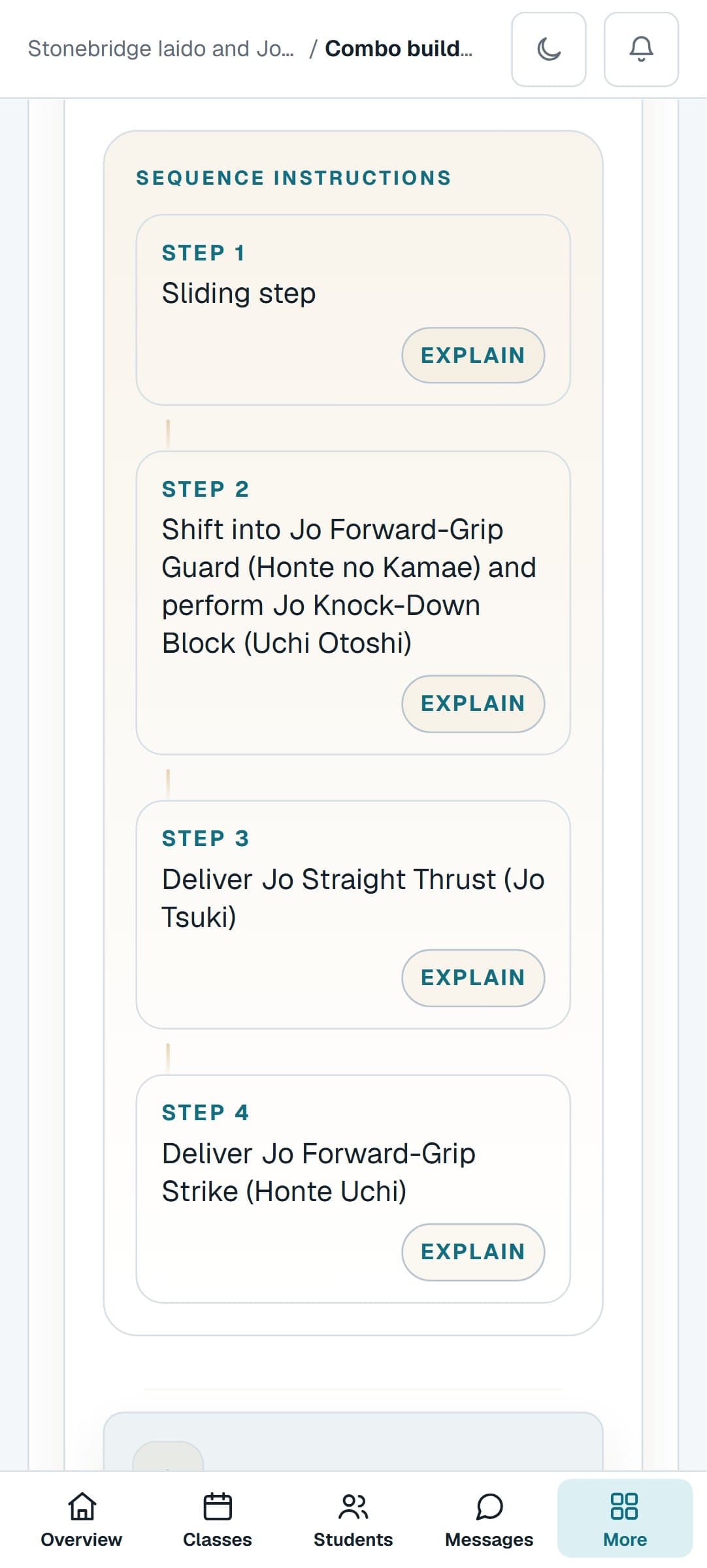 A Iaido and Jodo combination from the Combo Builder on a phone, step by step