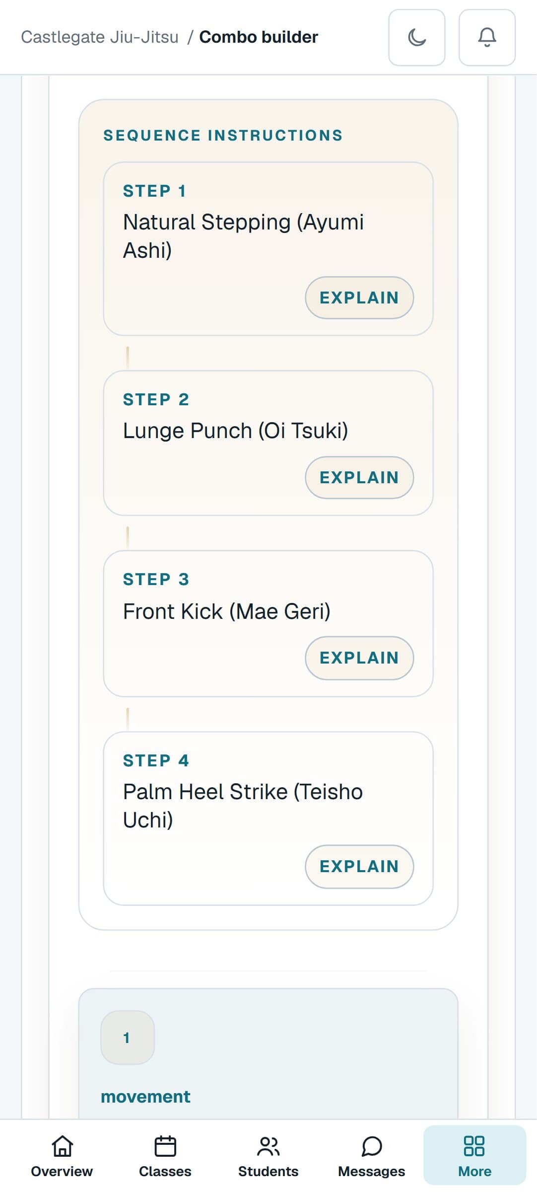 A Japanese Jiu-Jitsu combination from the Combo Builder on a phone, step by step