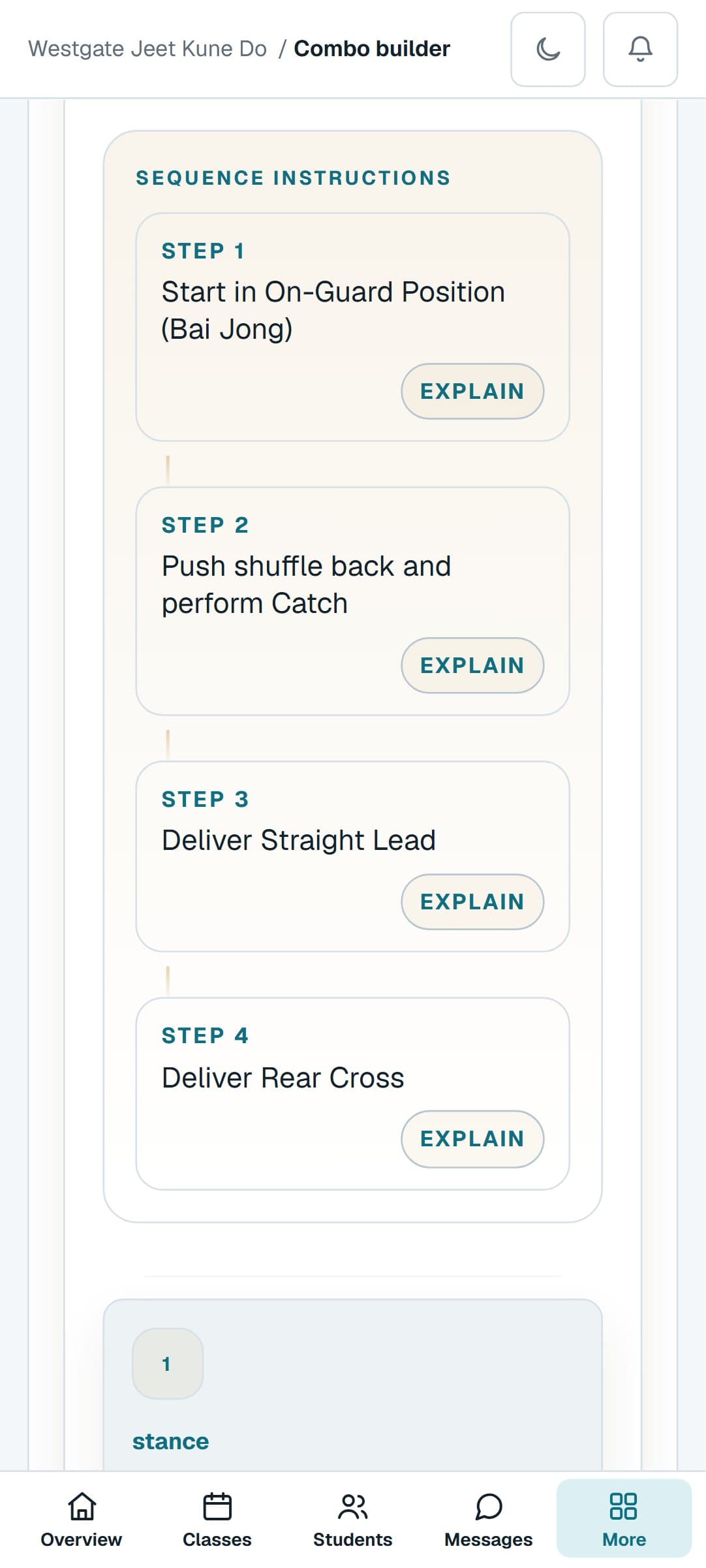 A Jeet Kune Do combination from the Combo Builder on a phone, step by step