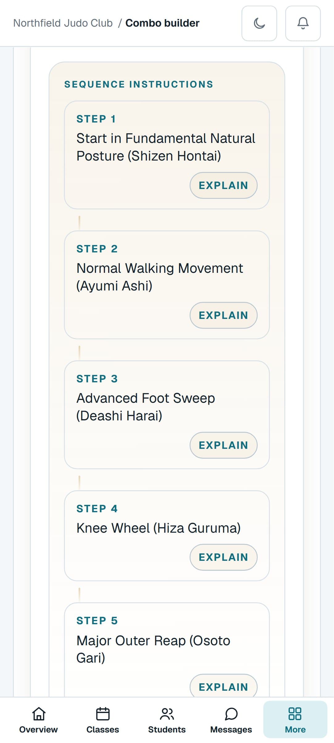 A Judo combination from the Combo Builder on a phone, step by step