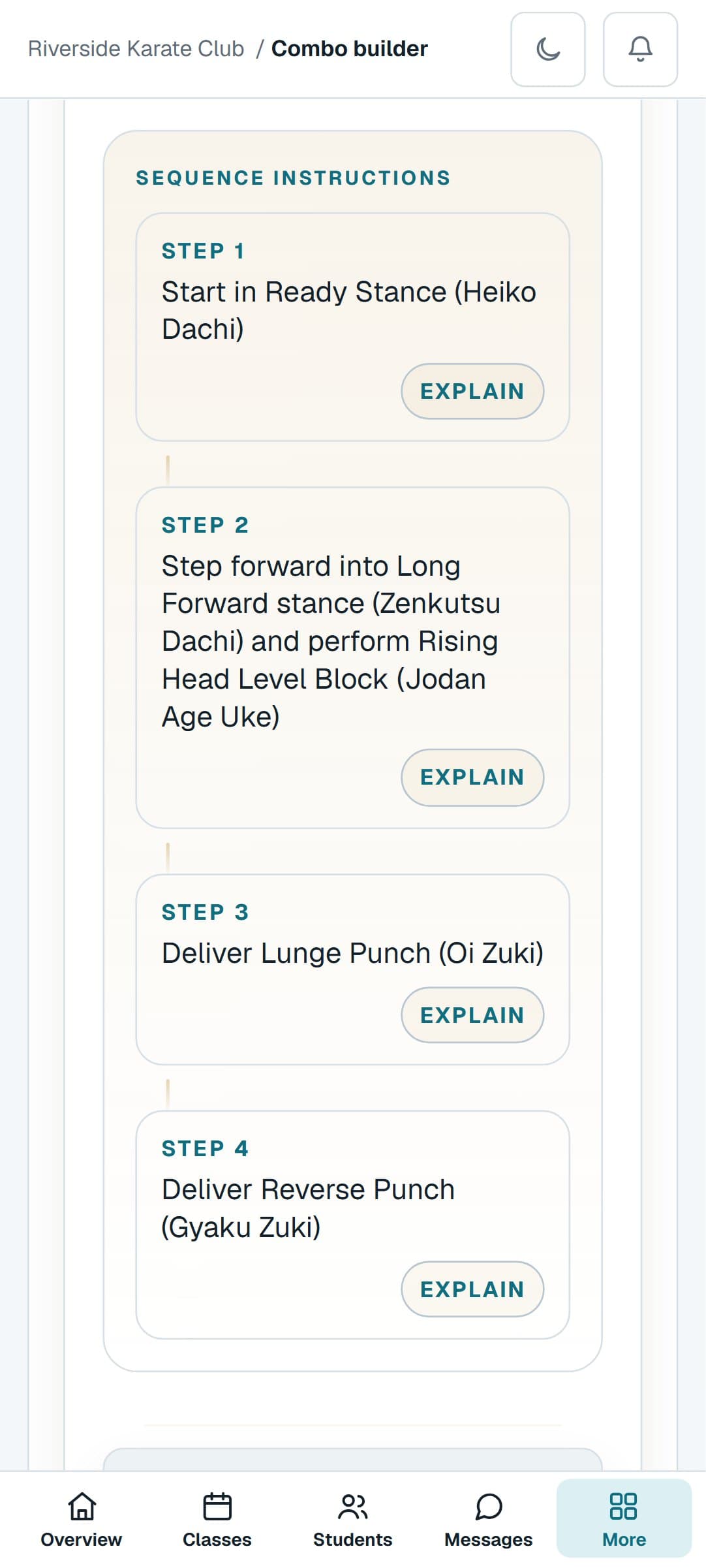 A Karate combination from the Combo Builder on a phone, step by step