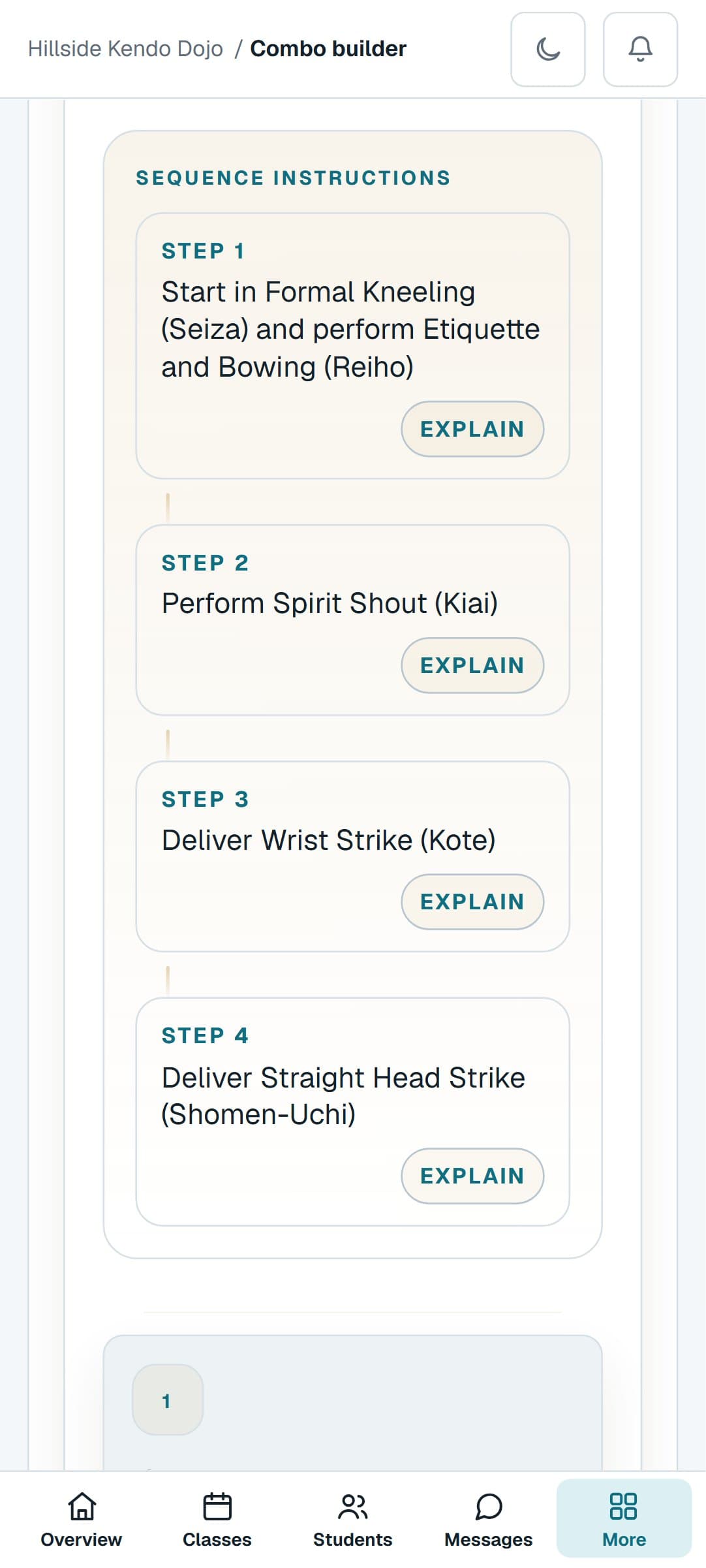 A Kendo combination from the Combo Builder on a phone, step by step