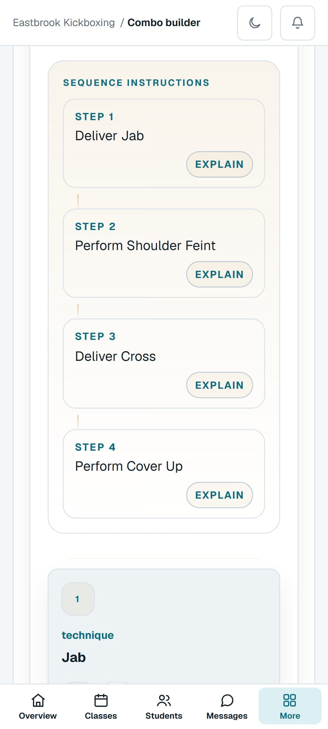 A Kickboxing combination from the Combo Builder on a phone, step by step