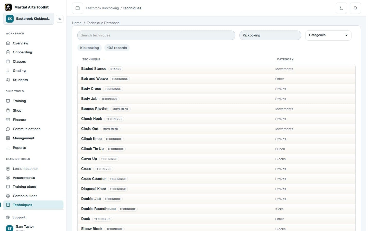 The Kickboxing technique library in Martial Arts Toolkit, listing techniques with their English names and categories
