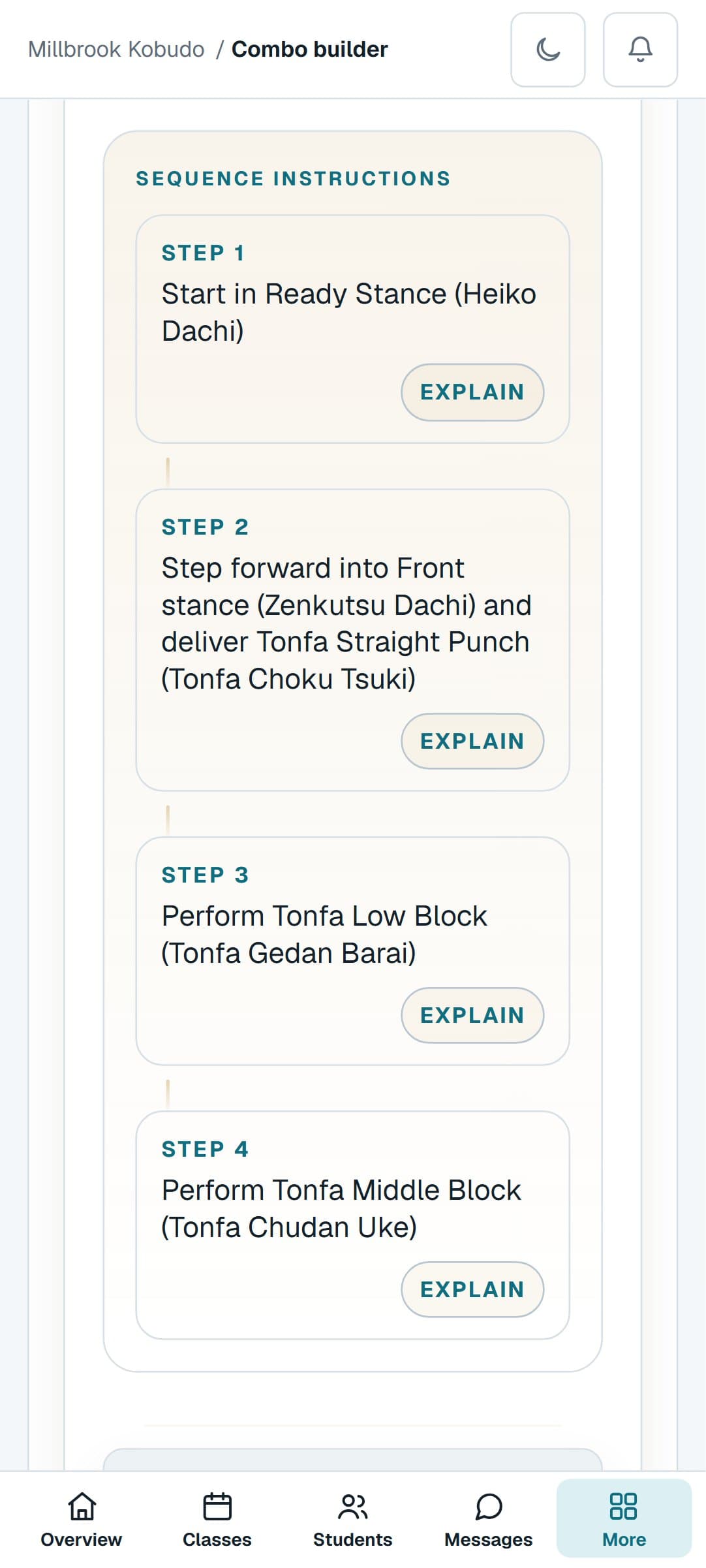 A Kobudo combination from the Combo Builder on a phone, step by step
