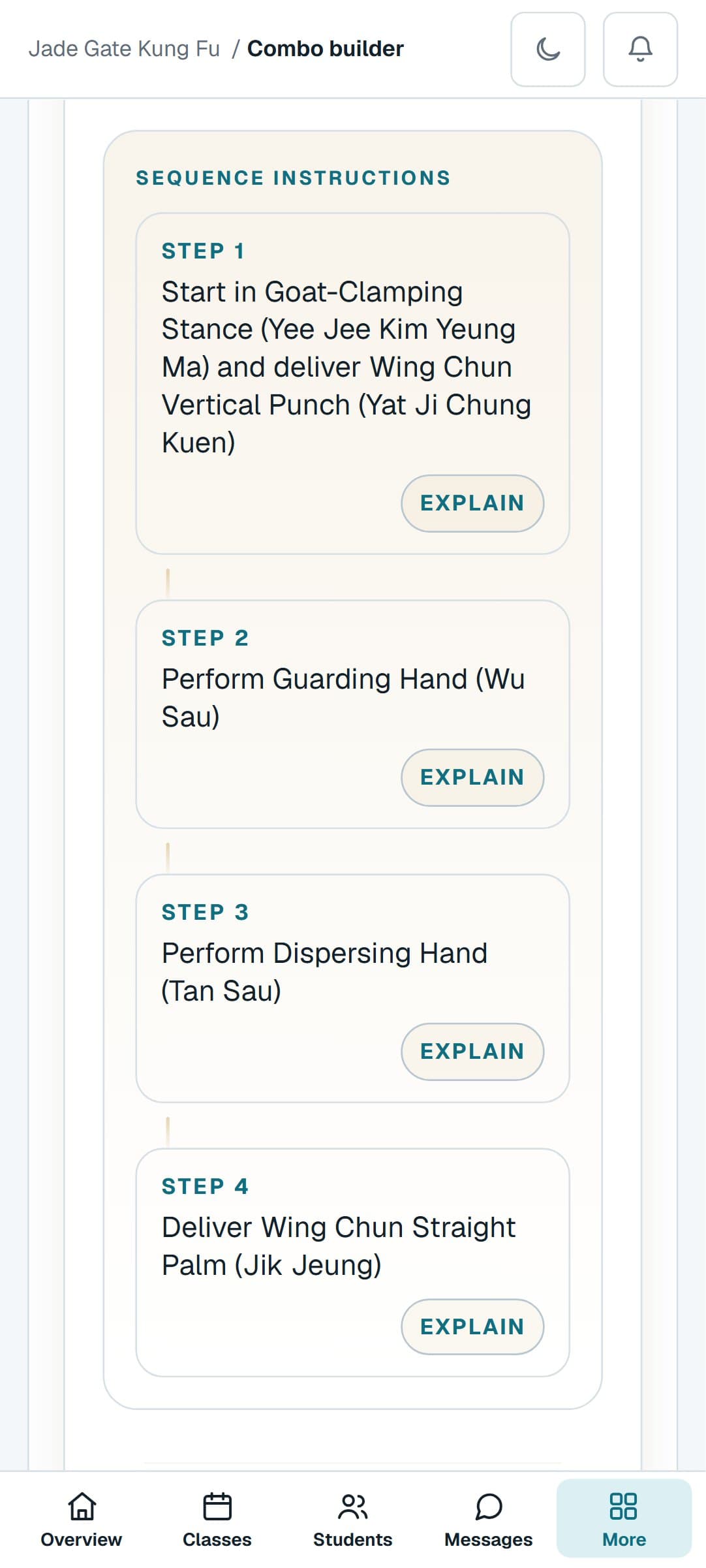 A Kung Fu combination from the Combo Builder on a phone, step by step