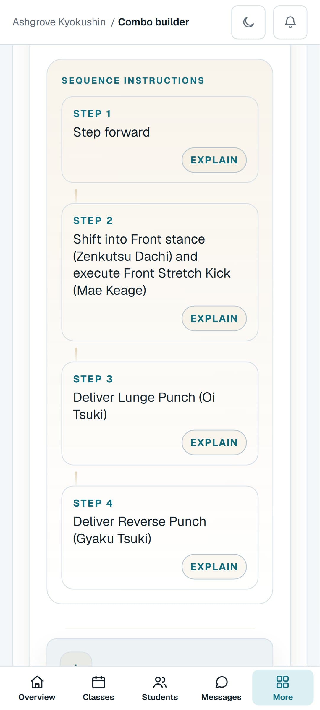 A Kyokushin combination from the Combo Builder on a phone, step by step