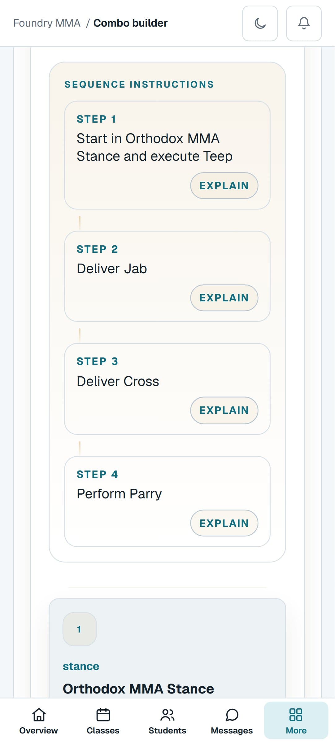 A Mixed Martial Arts combination from the Combo Builder on a phone, step by step