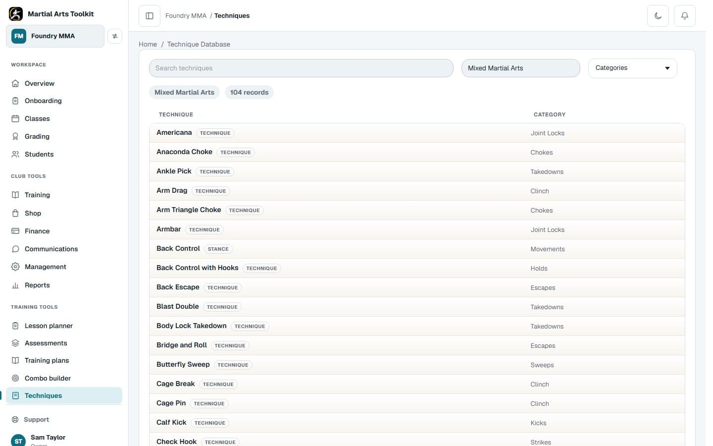 The Mixed Martial Arts technique library in Martial Arts Toolkit, listing techniques with their English names and categories