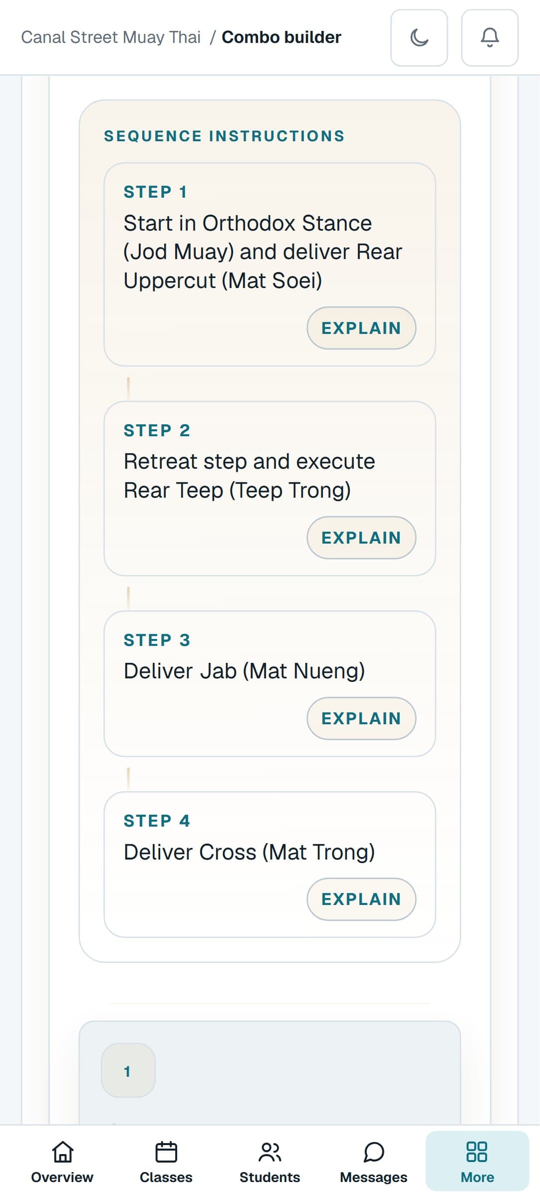 A Muay Thai combination from the Combo Builder on a phone, step by step