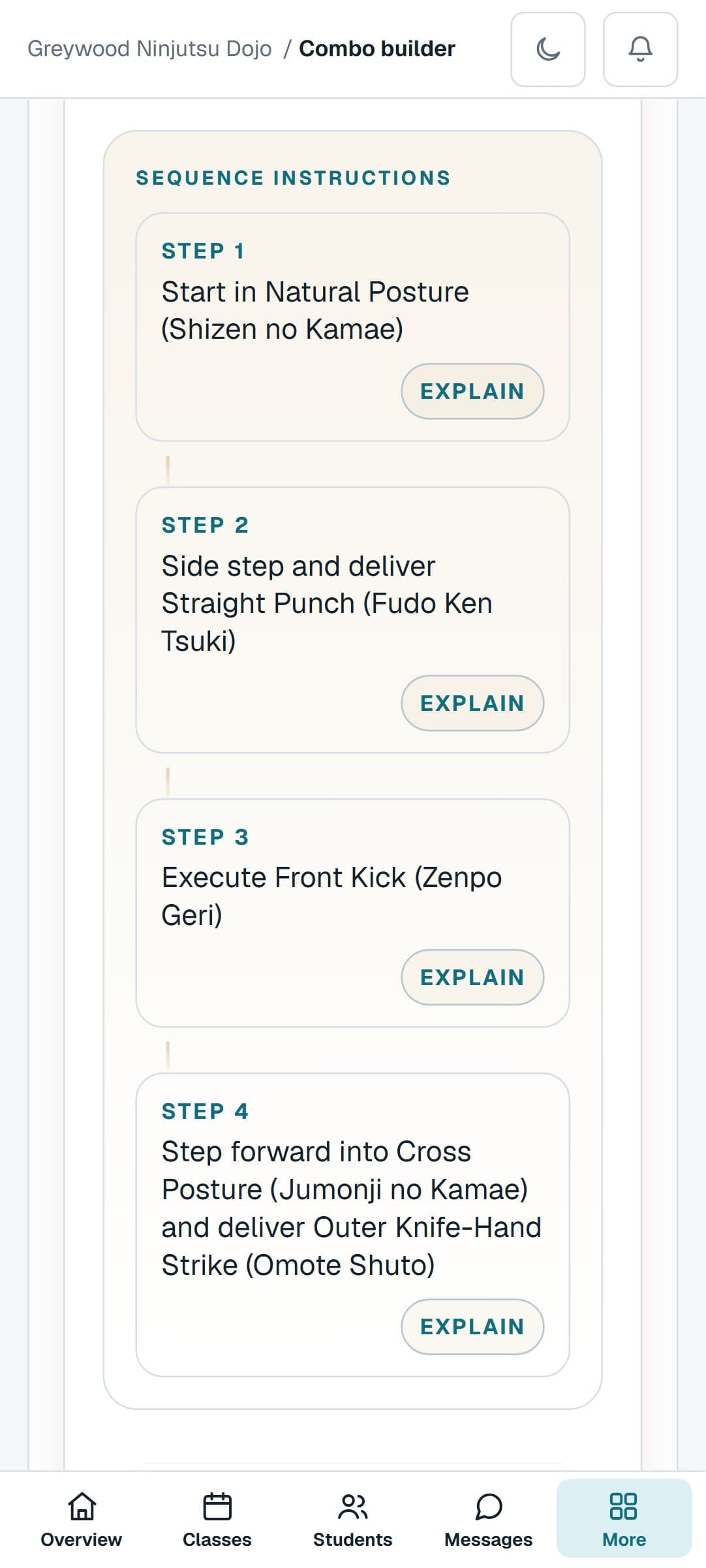 A Ninjutsu combination from the Combo Builder on a phone, step by step