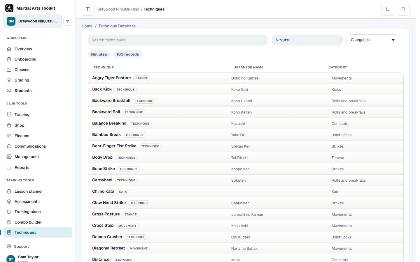 The Ninjutsu technique library in Martial Arts Toolkit, listing techniques with their Japanese names and categories