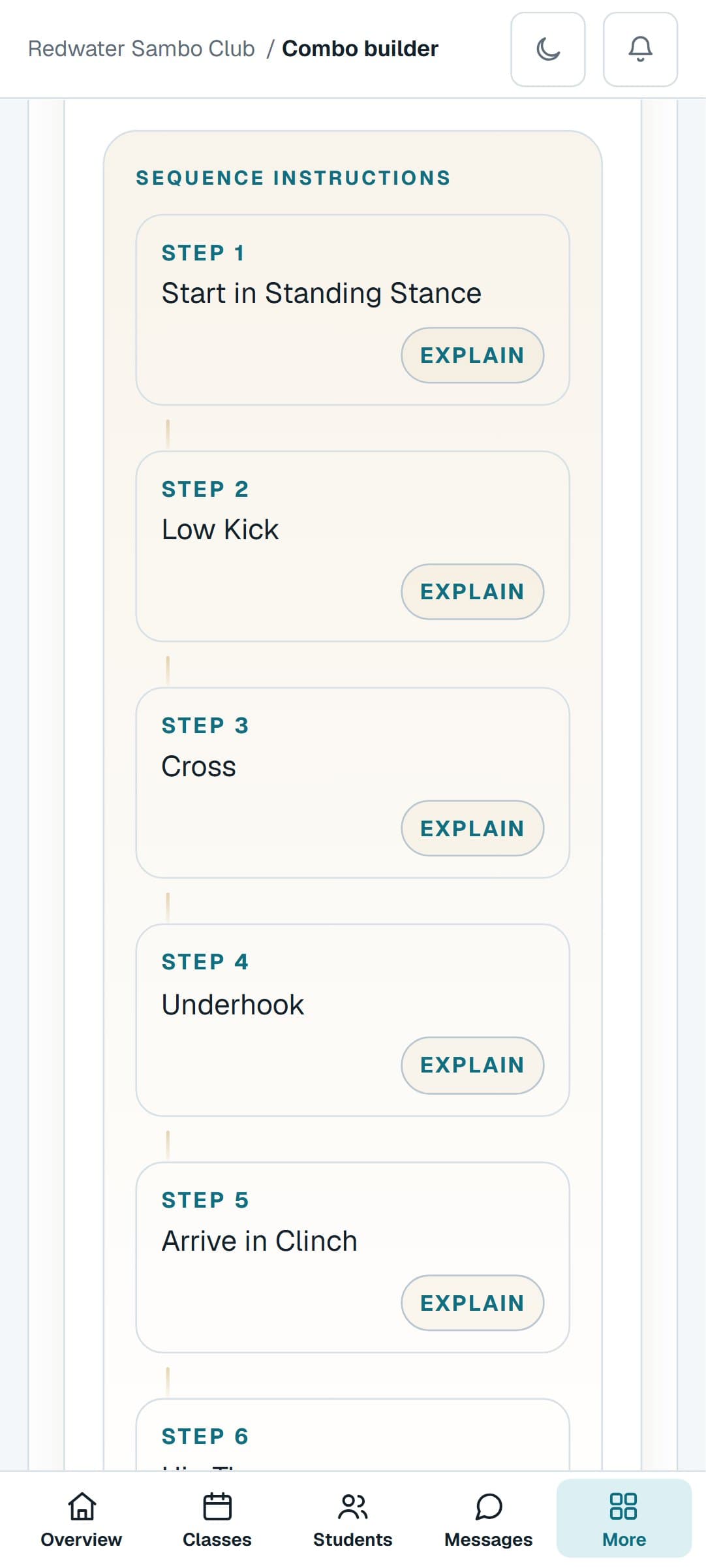 A Sambo combination from the Combo Builder on a phone, step by step