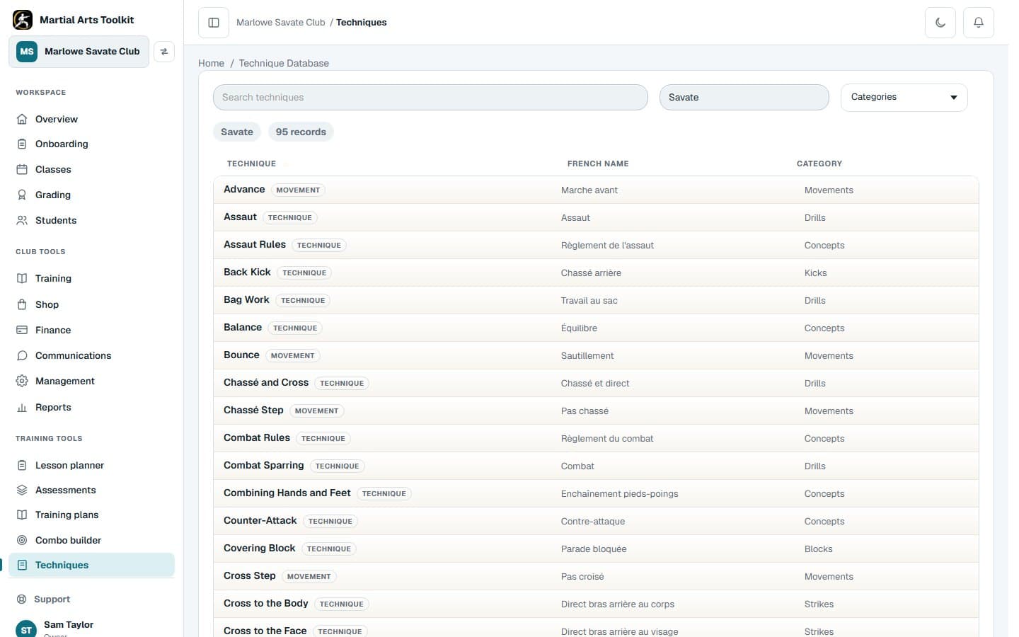 The Savate technique library in Martial Arts Toolkit, listing techniques with their French names and categories