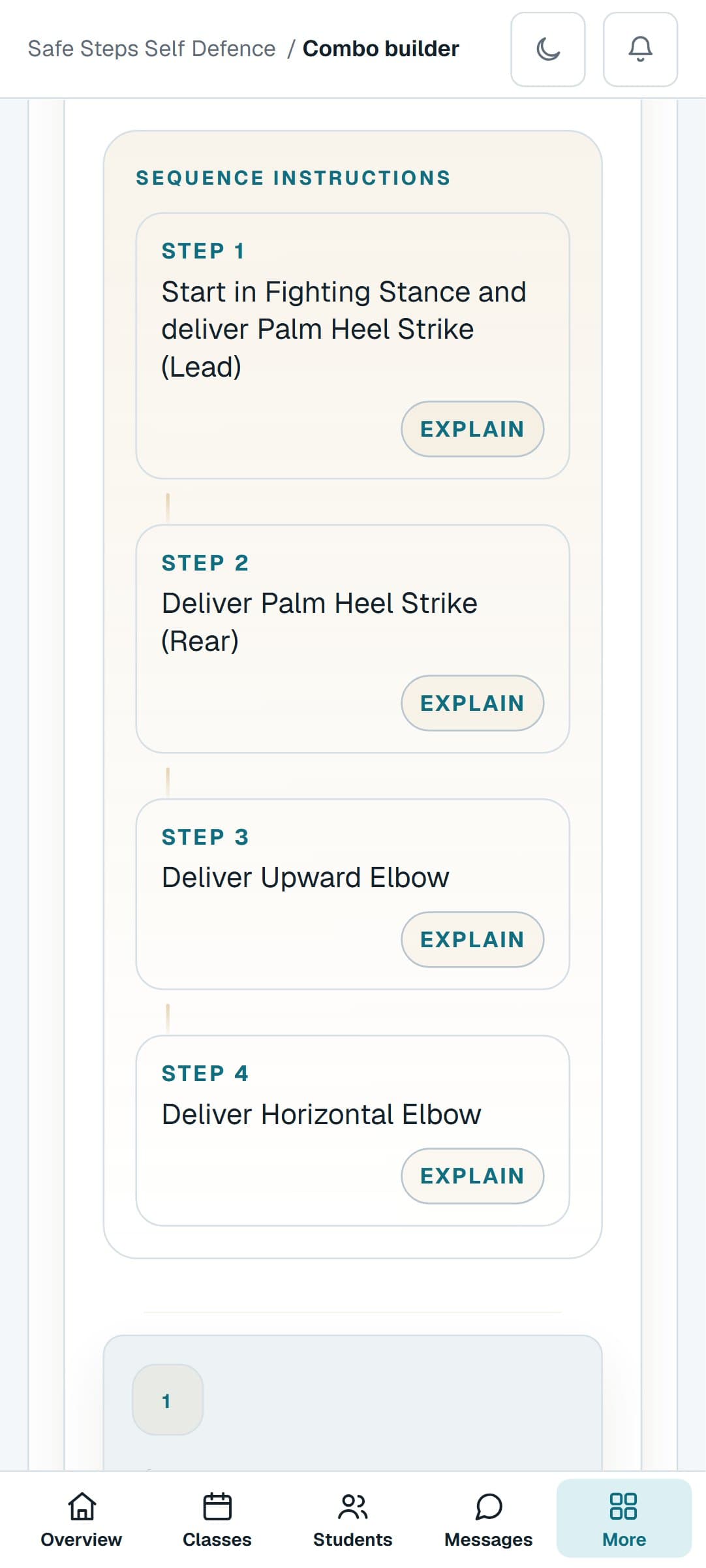 A Self Defence combination from the Combo Builder on a phone, step by step