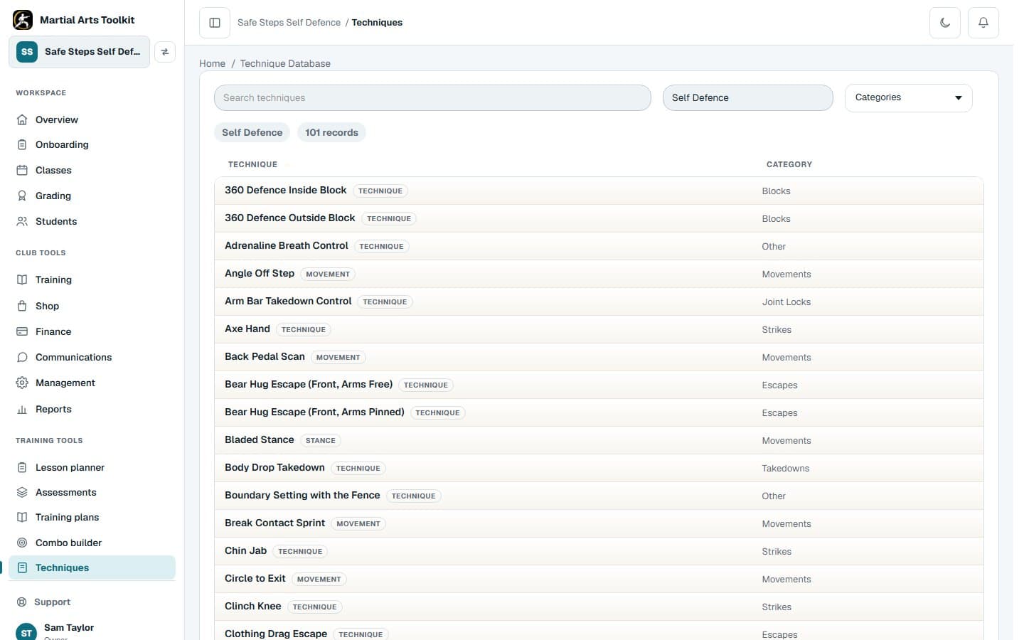 The Self Defence technique library in Martial Arts Toolkit, listing techniques with their English names and categories