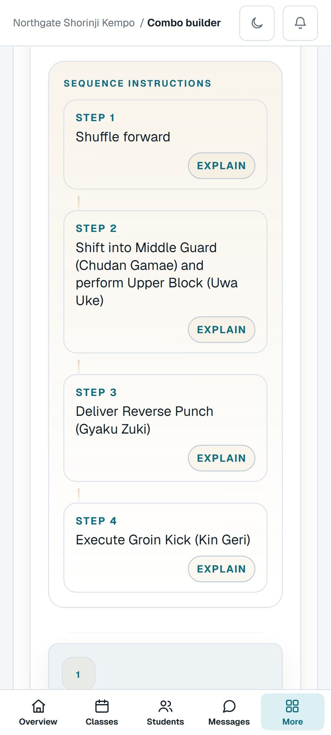 A Shorinji Kempo combination from the Combo Builder on a phone, step by step