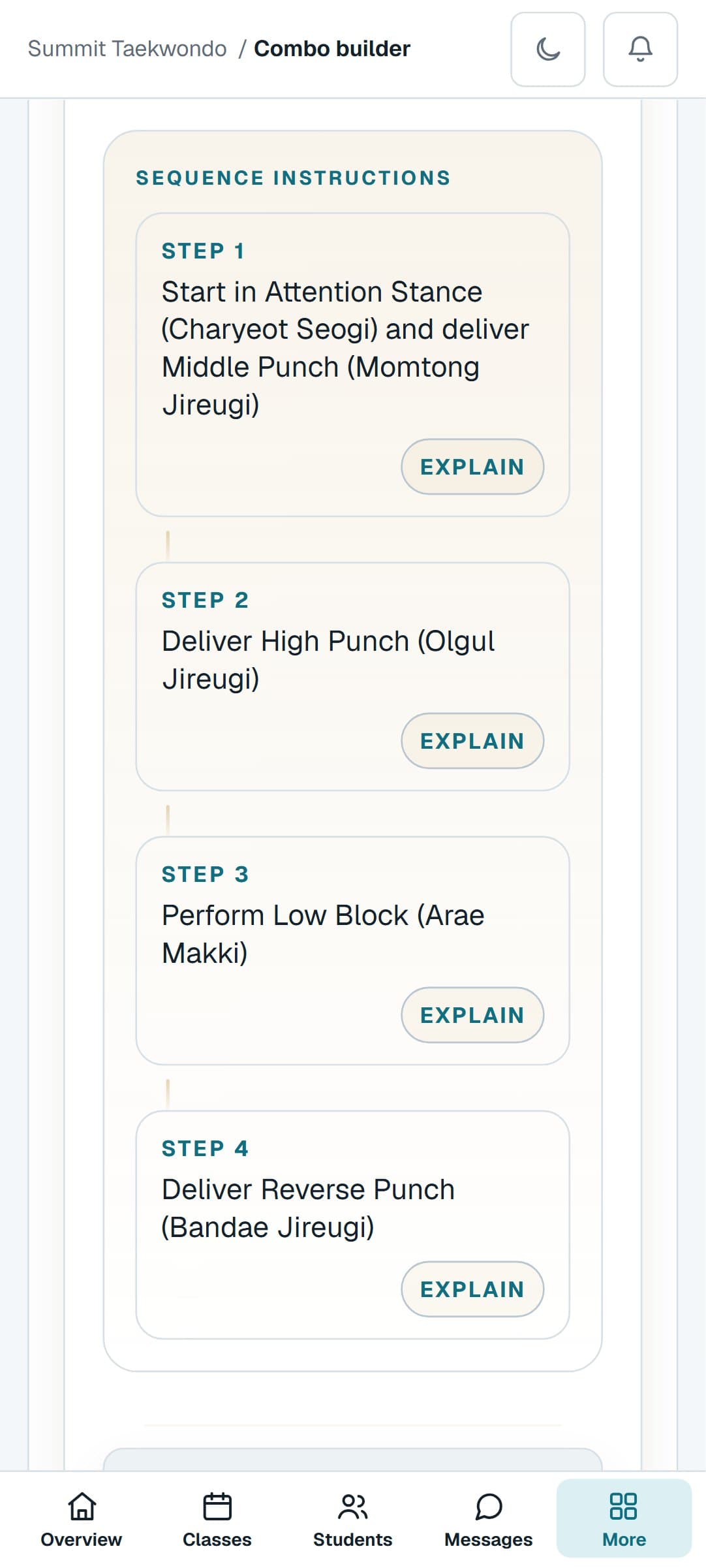 A Taekwondo combination from the Combo Builder on a phone, step by step