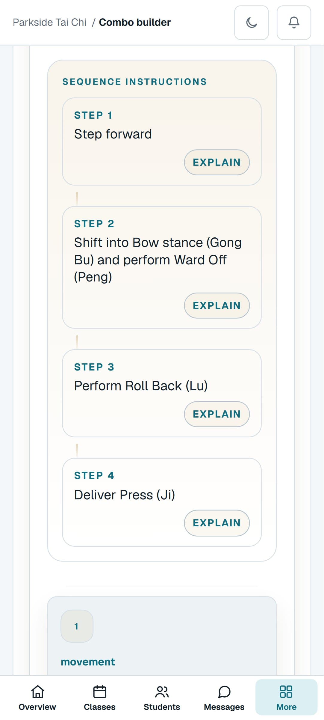 A Tai Chi combination from the Combo Builder on a phone, step by step