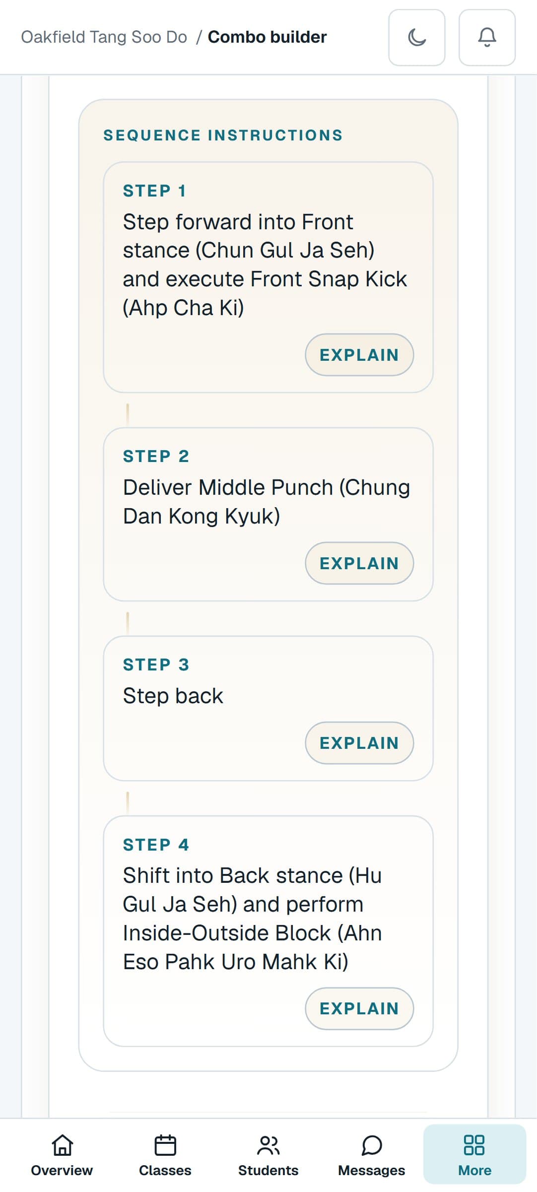 A Tang Soo Do combination from the Combo Builder on a phone, step by step