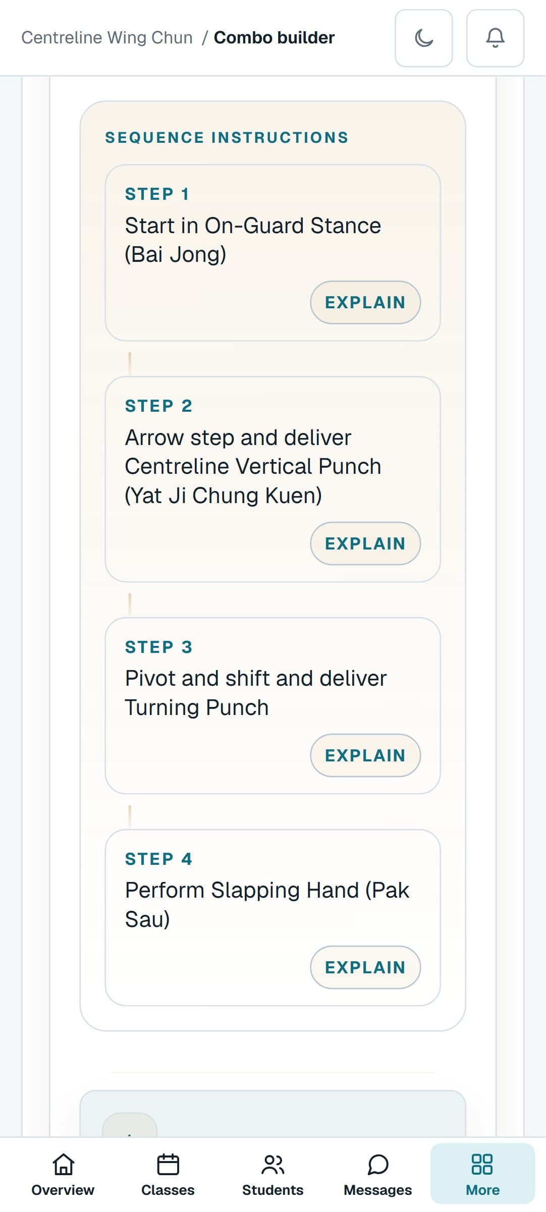 A Wing Chun combination from the Combo Builder on a phone, step by step