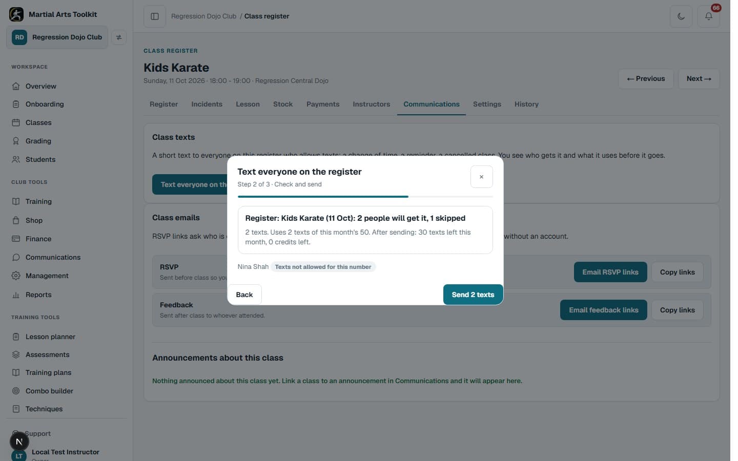 Texting everyone on a class register in Martial Arts Toolkit: the pop-up shows who will get the text and how many texts it uses before it is sent