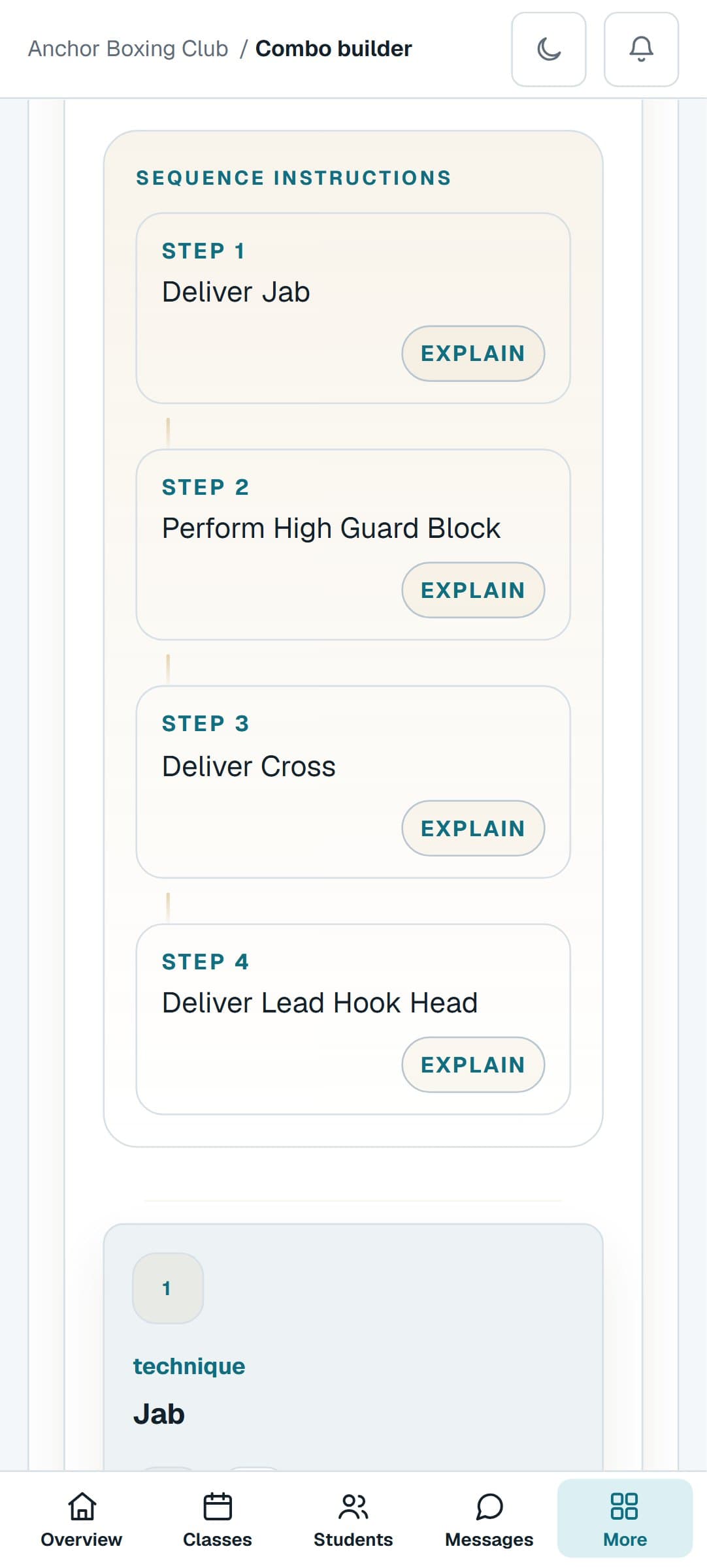 A Boxing combination from the Combo Builder on a phone, step by step