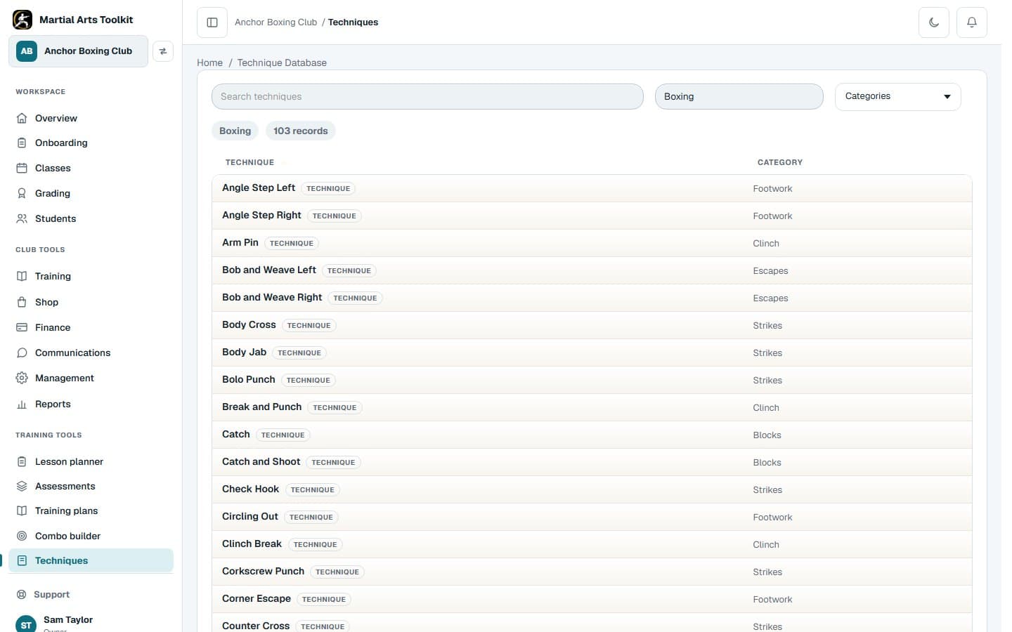 The Boxing technique library in Martial Arts Toolkit, listing techniques with their English names and categories