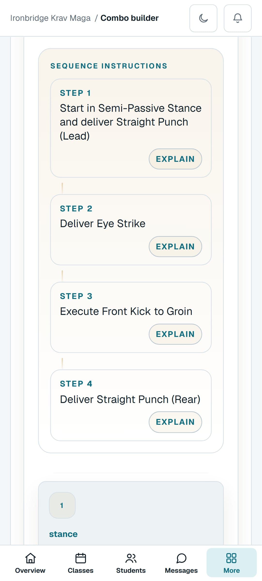 A Krav Maga combination from the Combo Builder on a phone, step by step