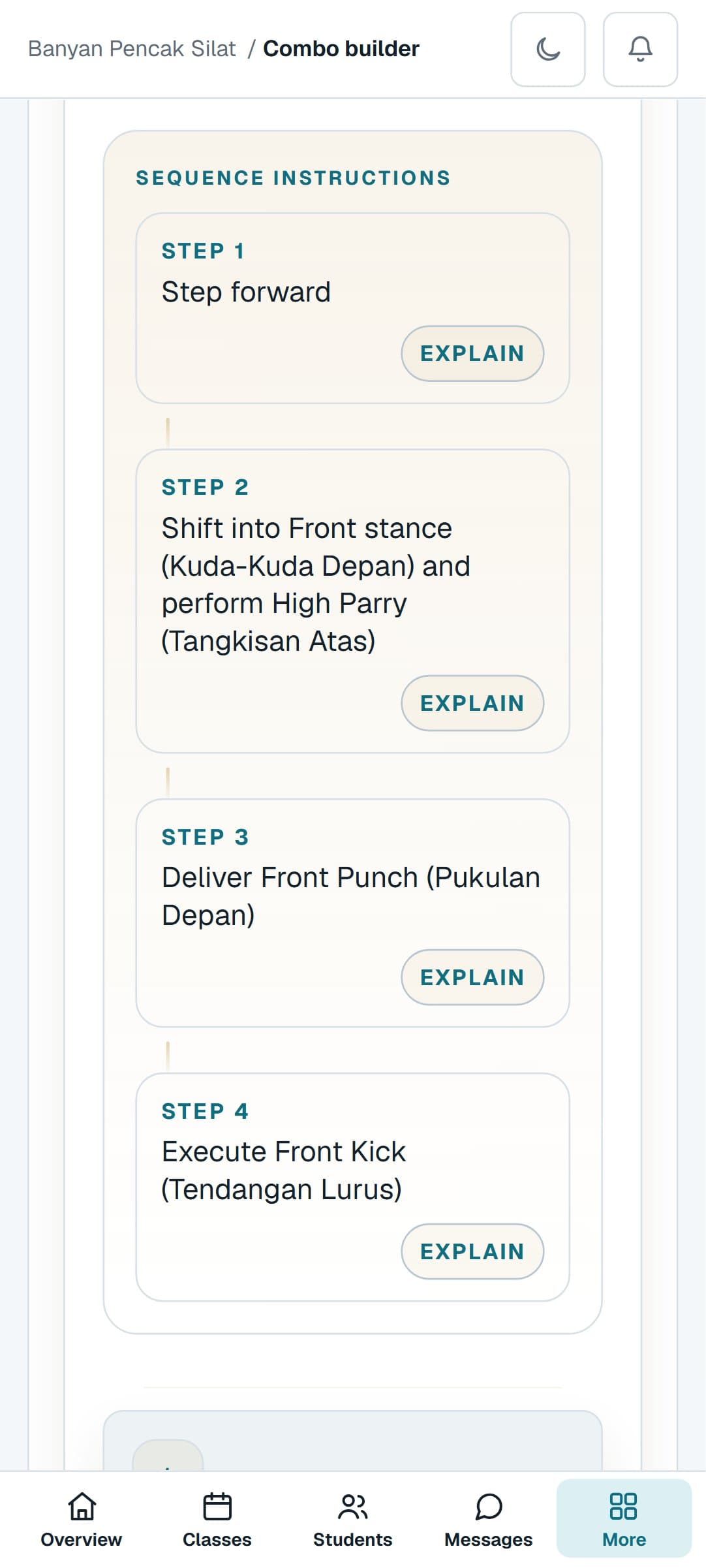 A Pencak Silat combination from the Combo Builder on a phone, step by step