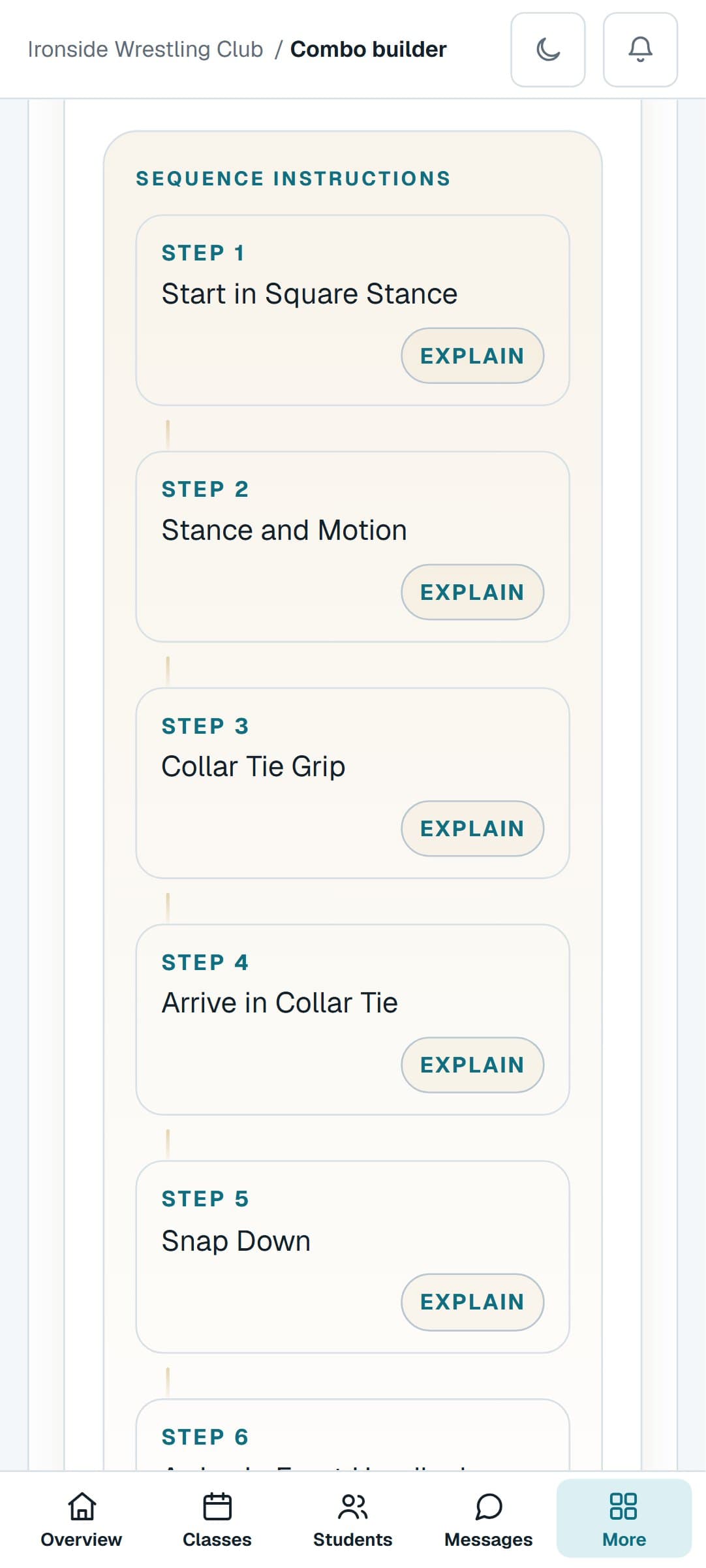 A Wrestling combination from the Combo Builder on a phone, step by step